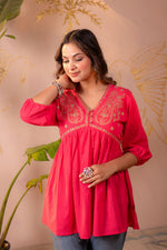 Thumbnail for Juniper Fuchsia Embroidered Flared Kurti - Distacart