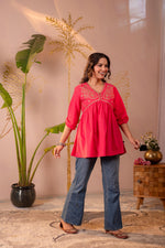 Thumbnail for Juniper Fuchsia Embroidered Flared Kurti - Distacart