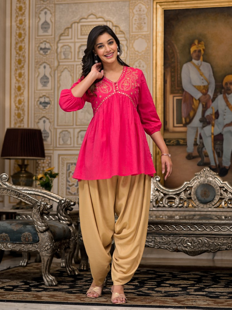 Juniper Women's Fuchsia Embroidered Cotton Tunic And Pant Co-Ord Set With Mirror & Zari Work - Distacart