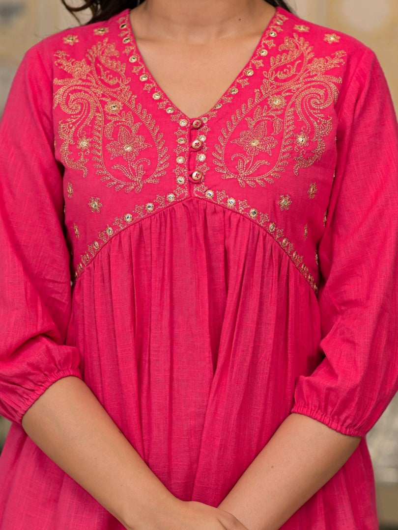 Juniper Women's Fuchsia Embroidered Cotton Tunic And Pant Co-Ord Set With Mirror & Zari Work - Distacart