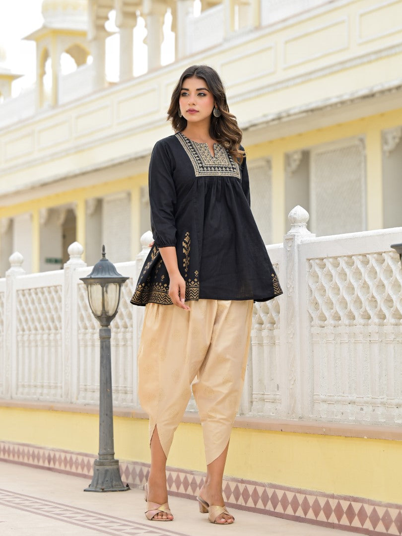 Juniper Women's Black Ethnic Motif Printed Tunic & Dhoti Pant Co-Ord Set For With Zari Embroidery - Distacart