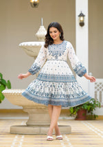 Thumbnail for Juniper White Ethnic Motif Printed Georgette Dress With Thread Embroidery - Distacart