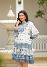 Thumbnail for Juniper White Ethnic Motif Printed Georgette Dress With Thread Embroidery - Distacart