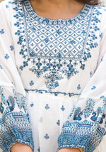 Thumbnail for Juniper White Ethnic Motif Printed Georgette Dress With Thread Embroidery - Distacart