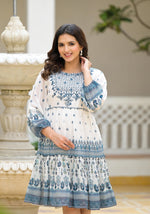Thumbnail for Juniper White Ethnic Motif Printed Georgette Dress With Thread Embroidery - Distacart