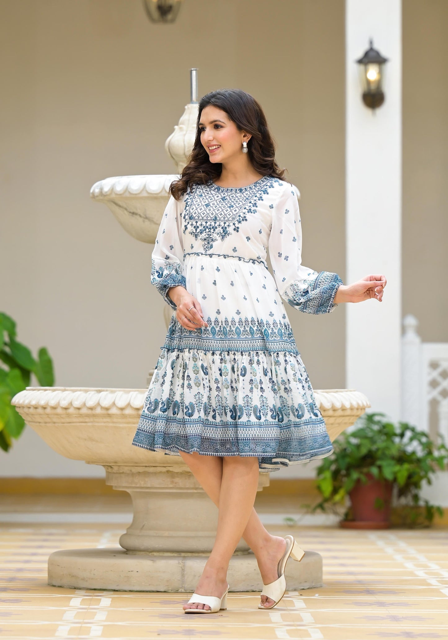 Juniper White Ethnic Motif Printed Georgette Dress With Thread Embroidery - Distacart
