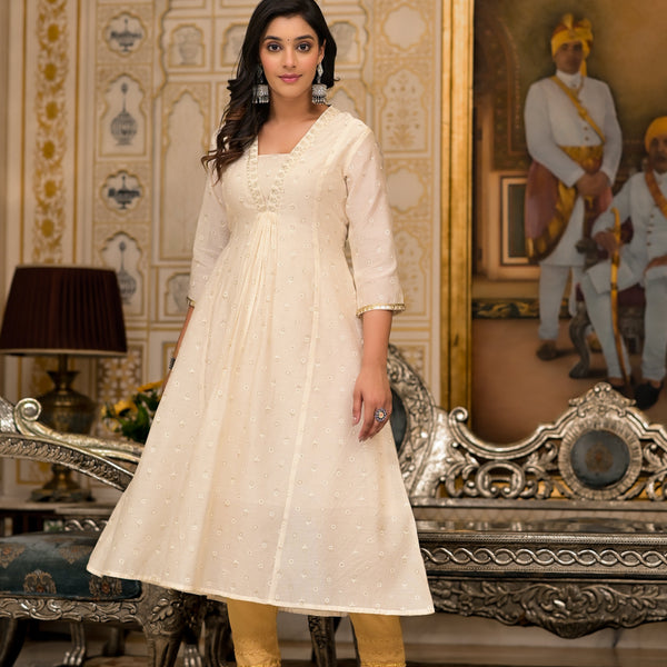 Juniper Ivory Floral Printed Chanderi Kurta With Mirror Work Embroidery - Distacart