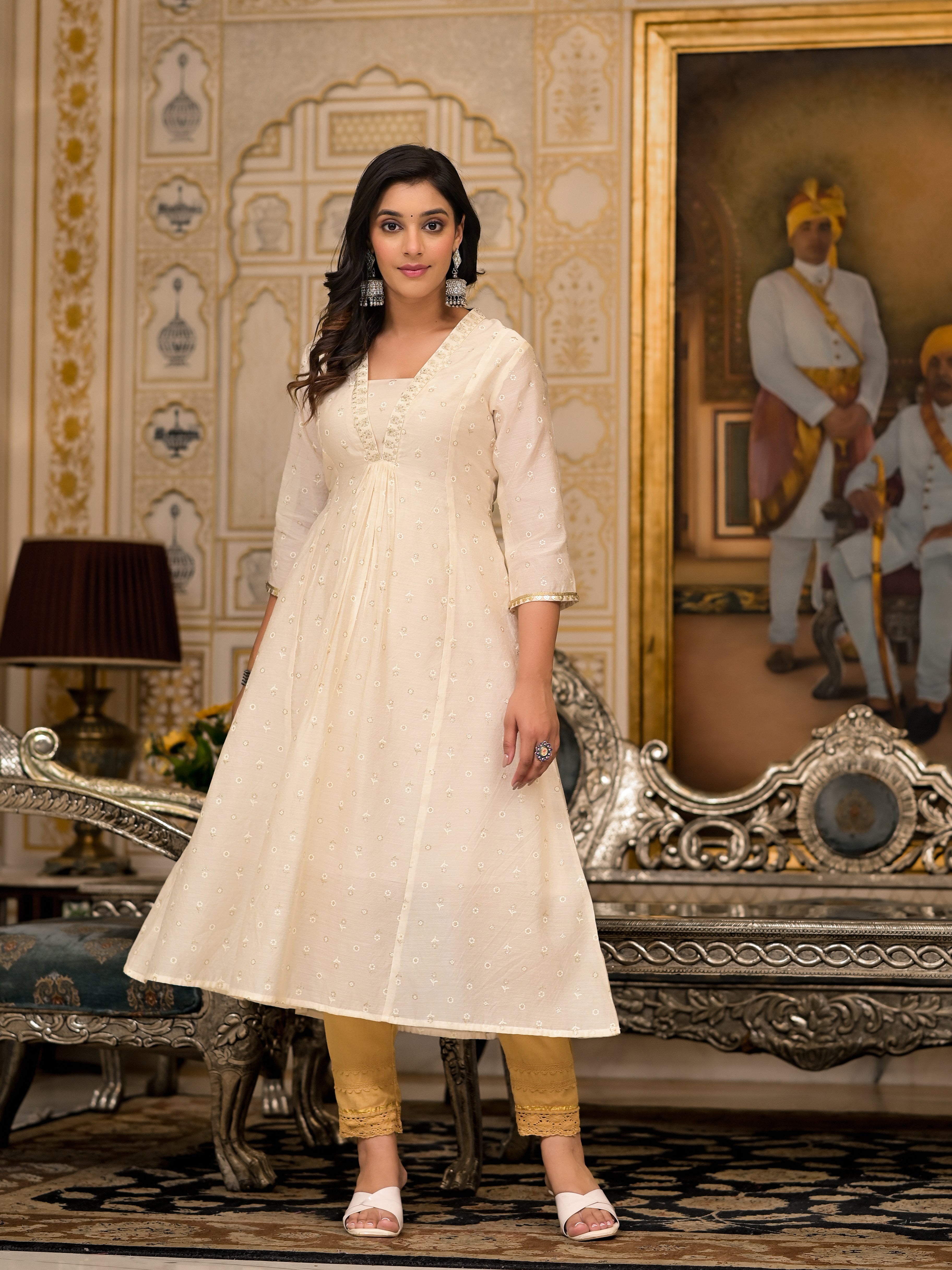 Juniper Ivory Floral Printed Chanderi Kurta With Mirror Work Embroidery - Distacart