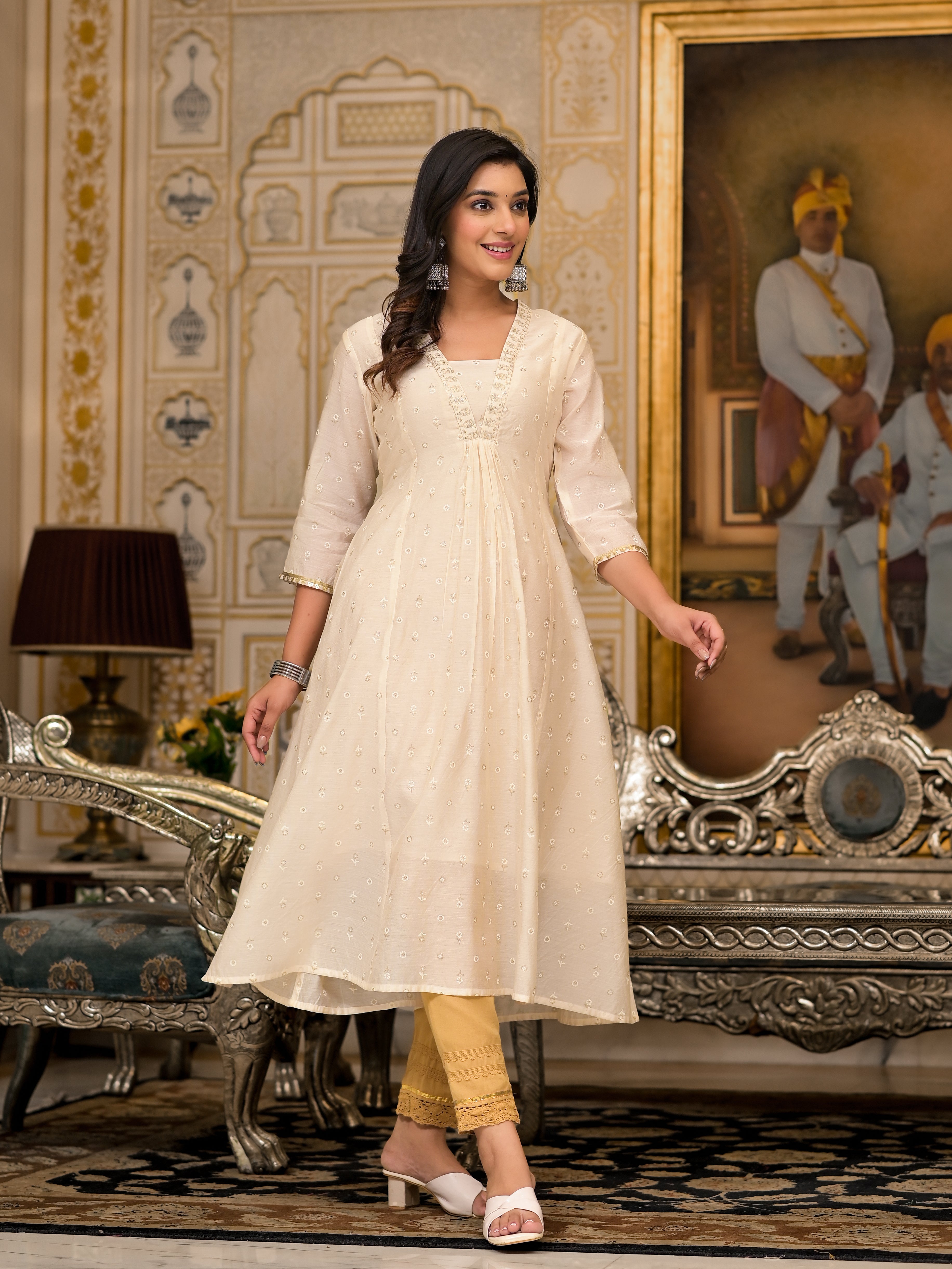 Juniper Ivory Floral Printed Chanderi Kurta With Mirror Work Embroidery - Distacart