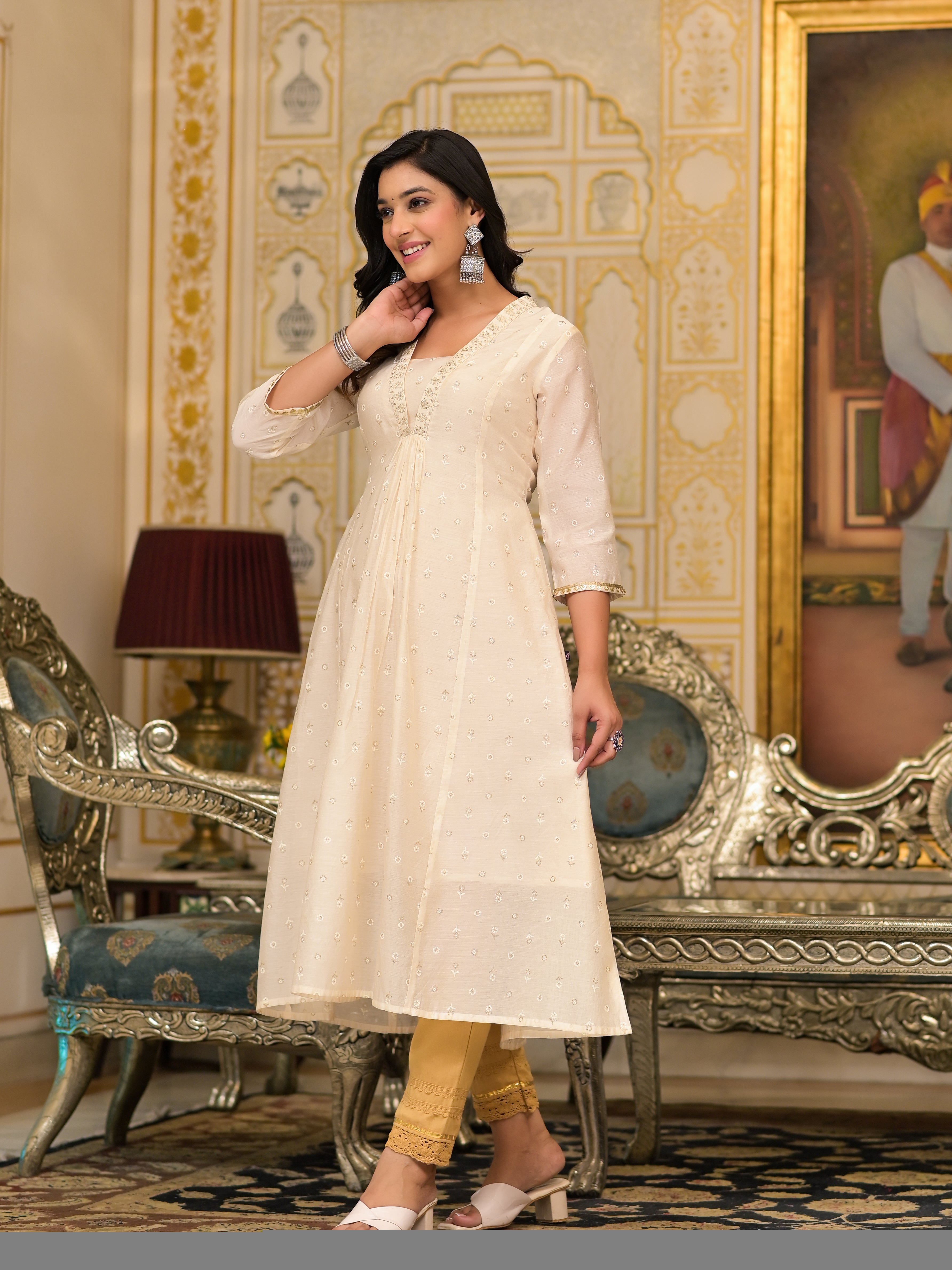 Juniper Ivory Floral Printed Chanderi Kurta With Mirror Work Embroidery - Distacart