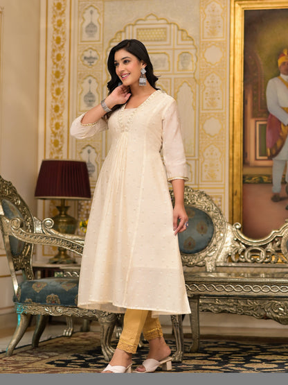 Juniper Ivory Floral Printed Chanderi Kurta With Mirror Work Embroidery - Distacart
