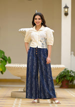 Thumbnail for Juniper Blue And White Floral Printed Rayon Clothing Set With Thread Embroidery & Buttons - Distacart