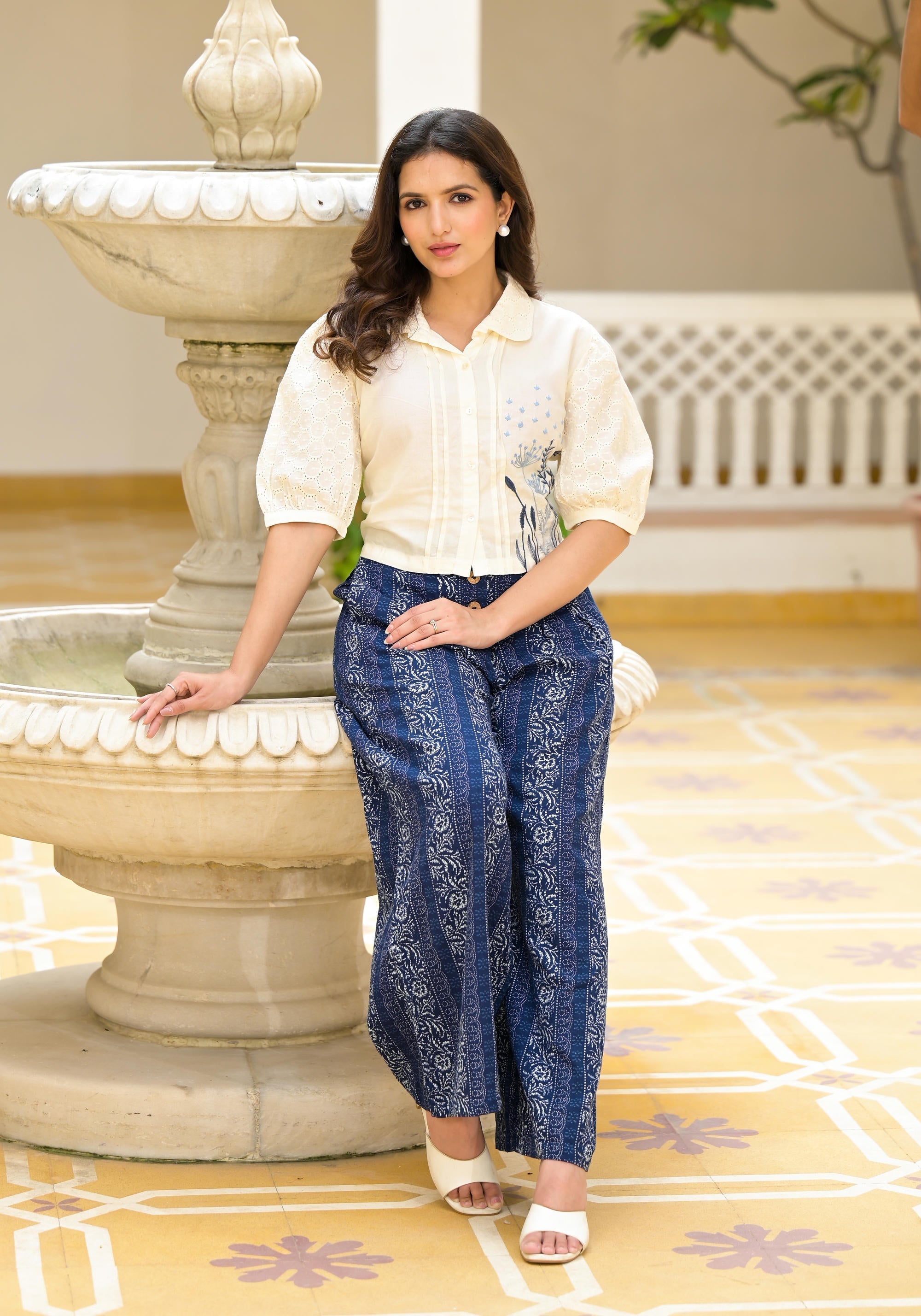 Juniper Blue And White Floral Printed Rayon Clothing Set With Thread Embroidery & Buttons - Distacart