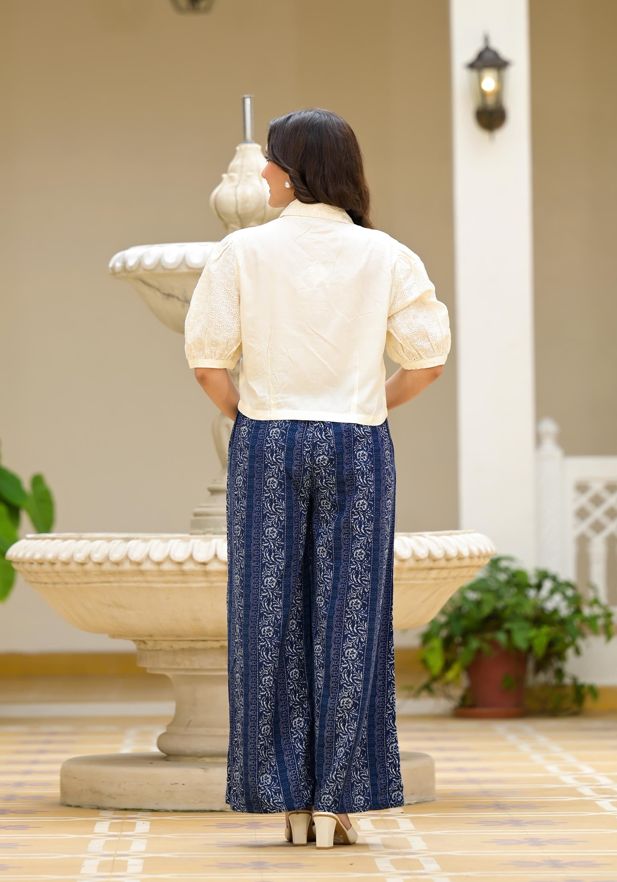Juniper Blue And White Floral Printed Rayon Clothing Set With Thread Embroidery & Buttons - Distacart