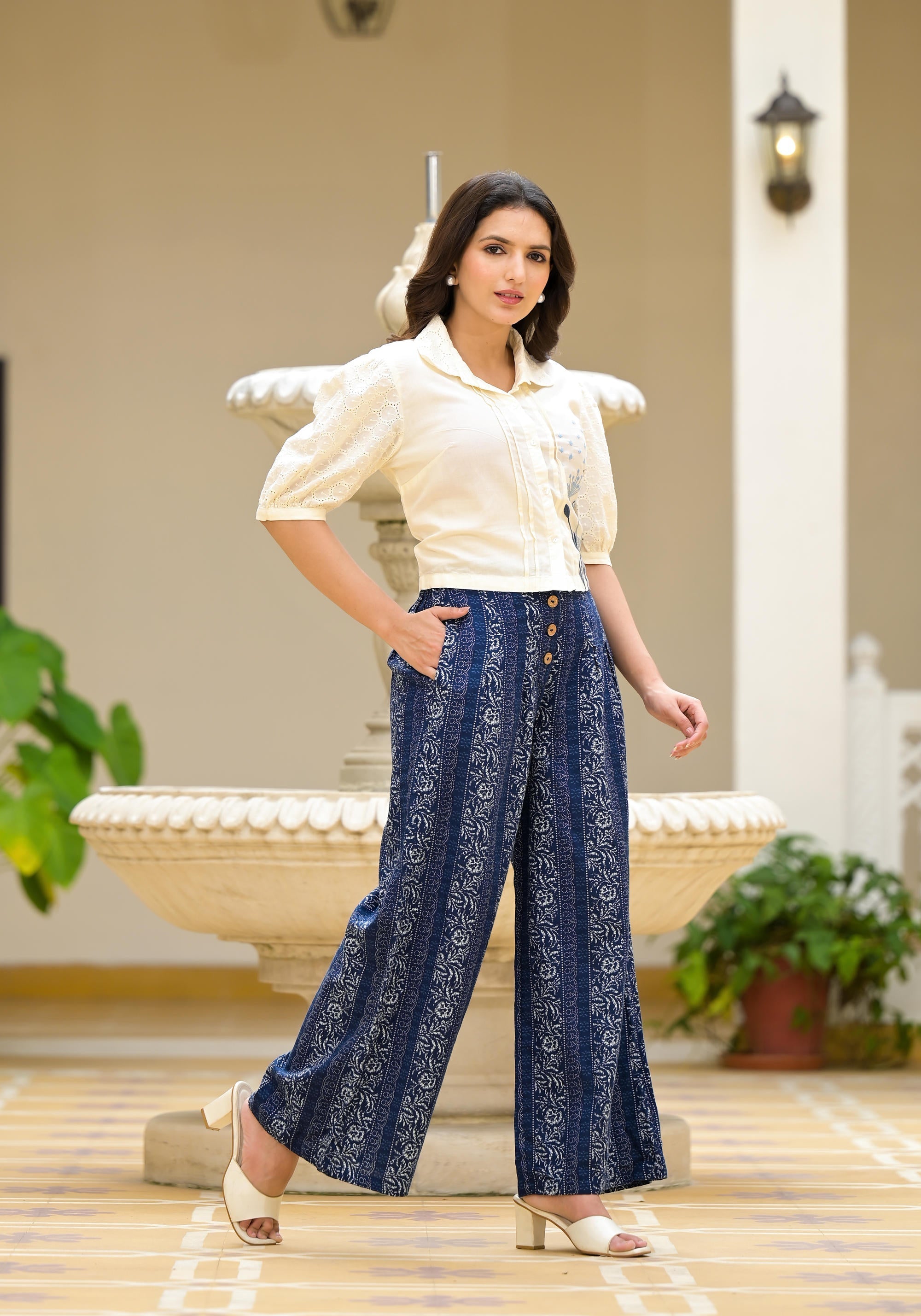 Juniper Blue And White Floral Printed Rayon Clothing Set With Thread Embroidery & Buttons - Distacart