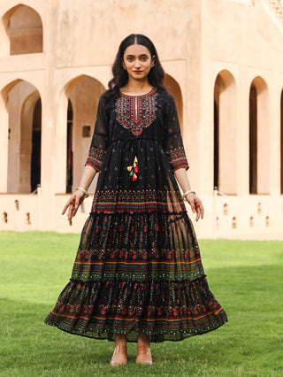 Juniper Black Ethnic Motif Printed Georgette Maxi Dress With Sequins & Doris At Waist - Distacart