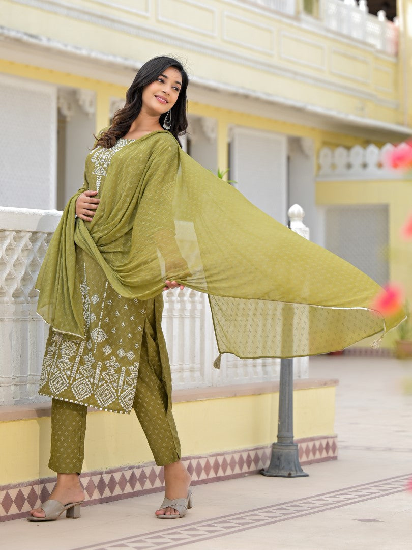 Juniper Women's Olive Green Ethnic Motif Printed Viscose Kurta, Pant And Dupatta Set With Gota Patti Work - Distacart