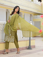 Thumbnail for Juniper Women's Olive Green Ethnic Motif Printed Viscose Kurta, Pant And Dupatta Set With Gota Patti Work - Distacart