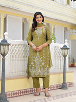 Thumbnail for Juniper Women's Olive Green Ethnic Motif Printed Viscose Kurta, Pant And Dupatta Set With Gota Patti Work - Distacart