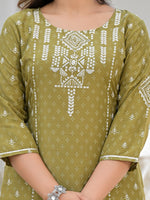 Thumbnail for Juniper Women's Olive Green Ethnic Motif Printed Viscose Kurta, Pant And Dupatta Set With Gota Patti Work - Distacart