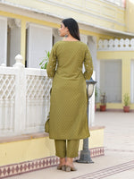 Thumbnail for Juniper Women's Olive Green Ethnic Motif Printed Viscose Kurta, Pant And Dupatta Set With Gota Patti Work - Distacart