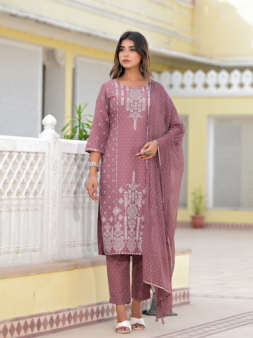 Juniper Women's Onion Pink Ethnic Motif Printed Viscose Kurta, Pant And Dupatta Set With Gotta Patti Work - Distacart