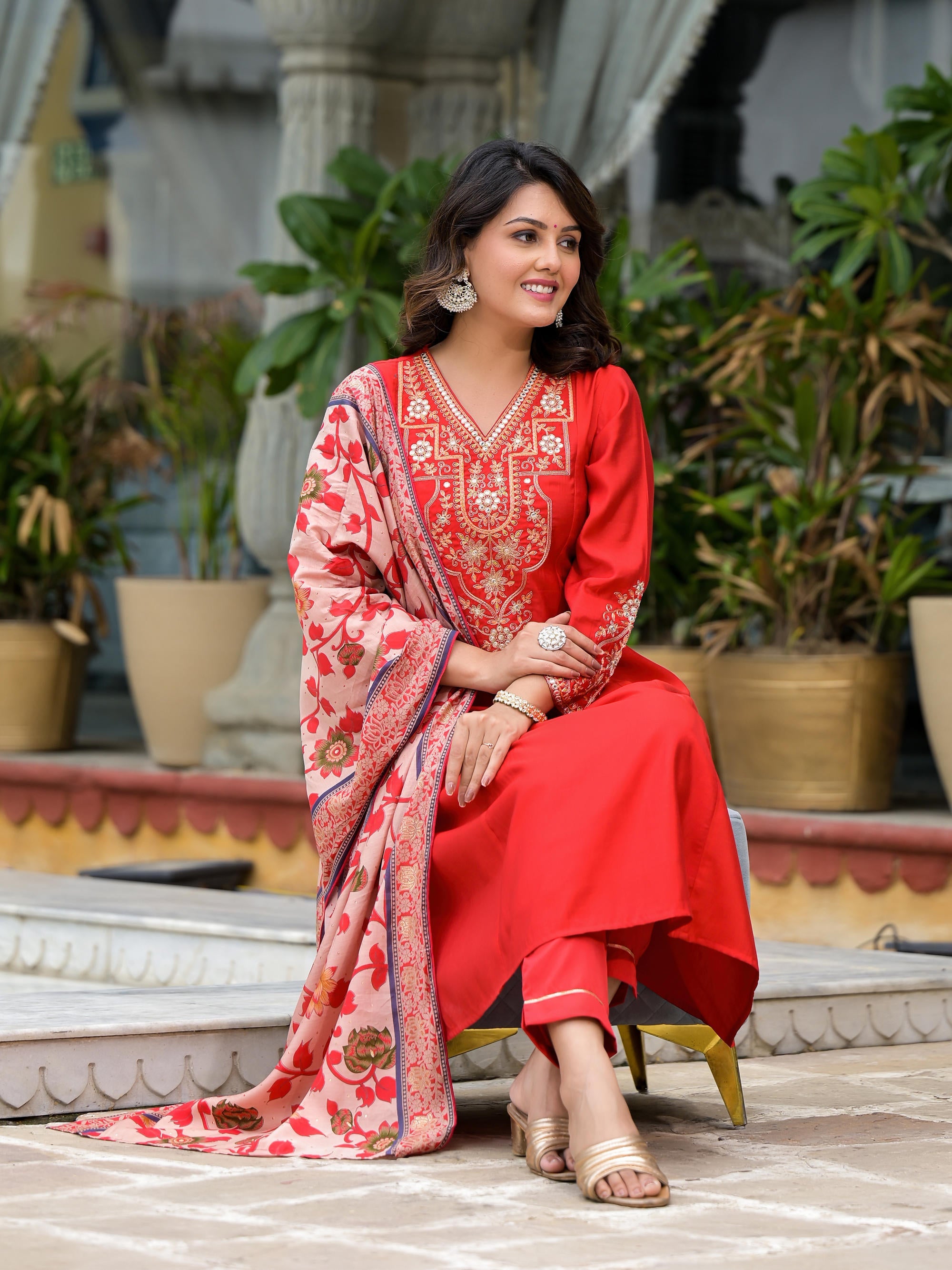 Juniper Women's Red Modal Embroidered Kurta Set - Distacart