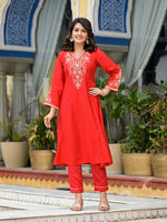 Thumbnail for Juniper Women's Red Modal Embroidered Kurta Set - Distacart
