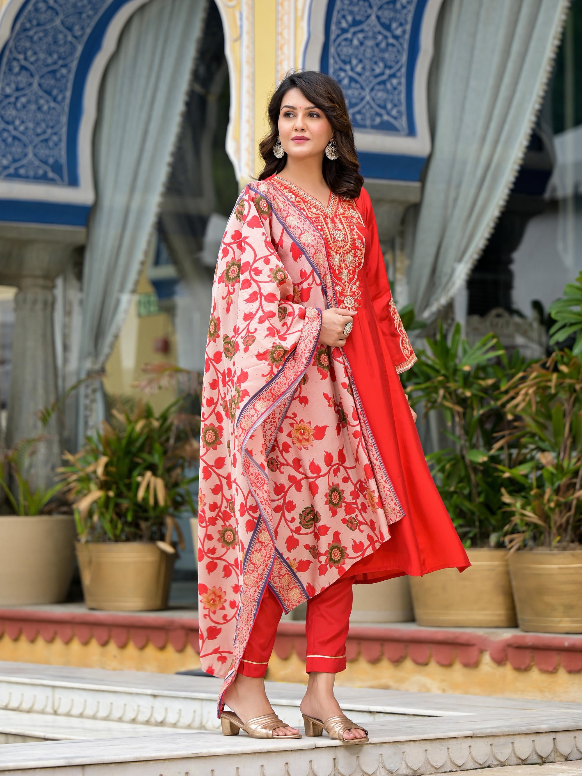 Juniper Women's Red Modal Embroidered Kurta Set - Distacart
