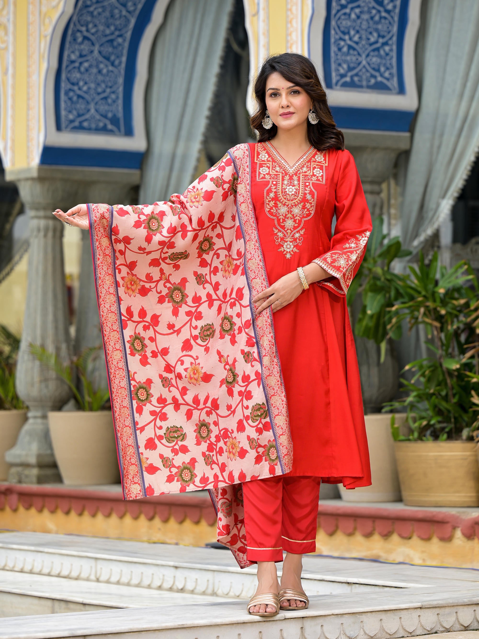 Juniper Women's Red Modal Embroidered Kurta Set - Distacart