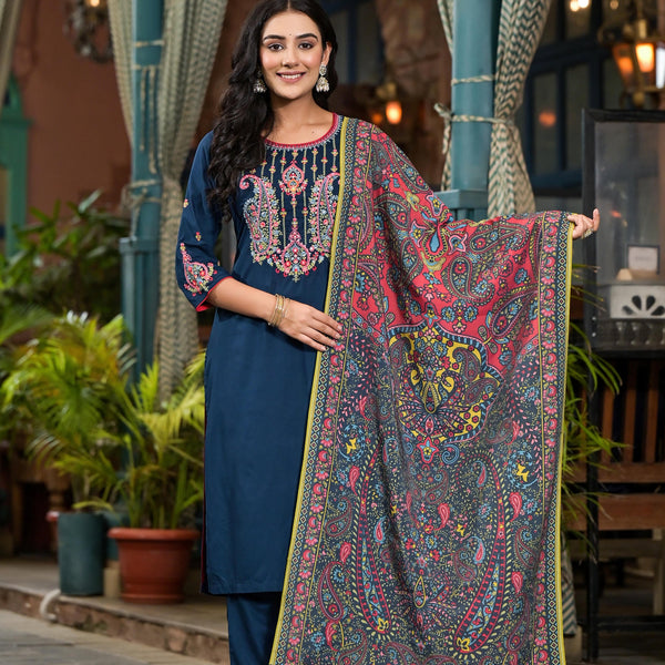Juniper Women's Blue Viscose Rayon Solid Kurta Set - Distacart