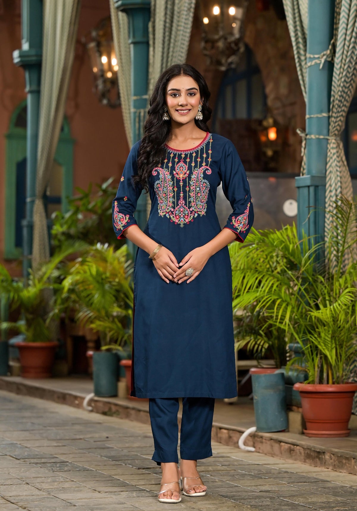Juniper Women's Blue Viscose Rayon Solid Kurta Set - Distacart