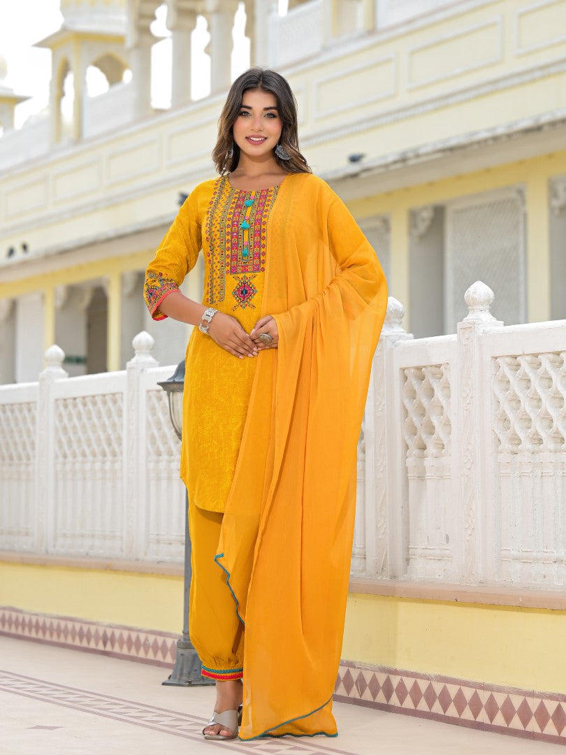 Juniper Women's Mustard Ethnic Motif Printed Kurta, Pant And Dupatta Set With Tassels & Buttons. - Distacart