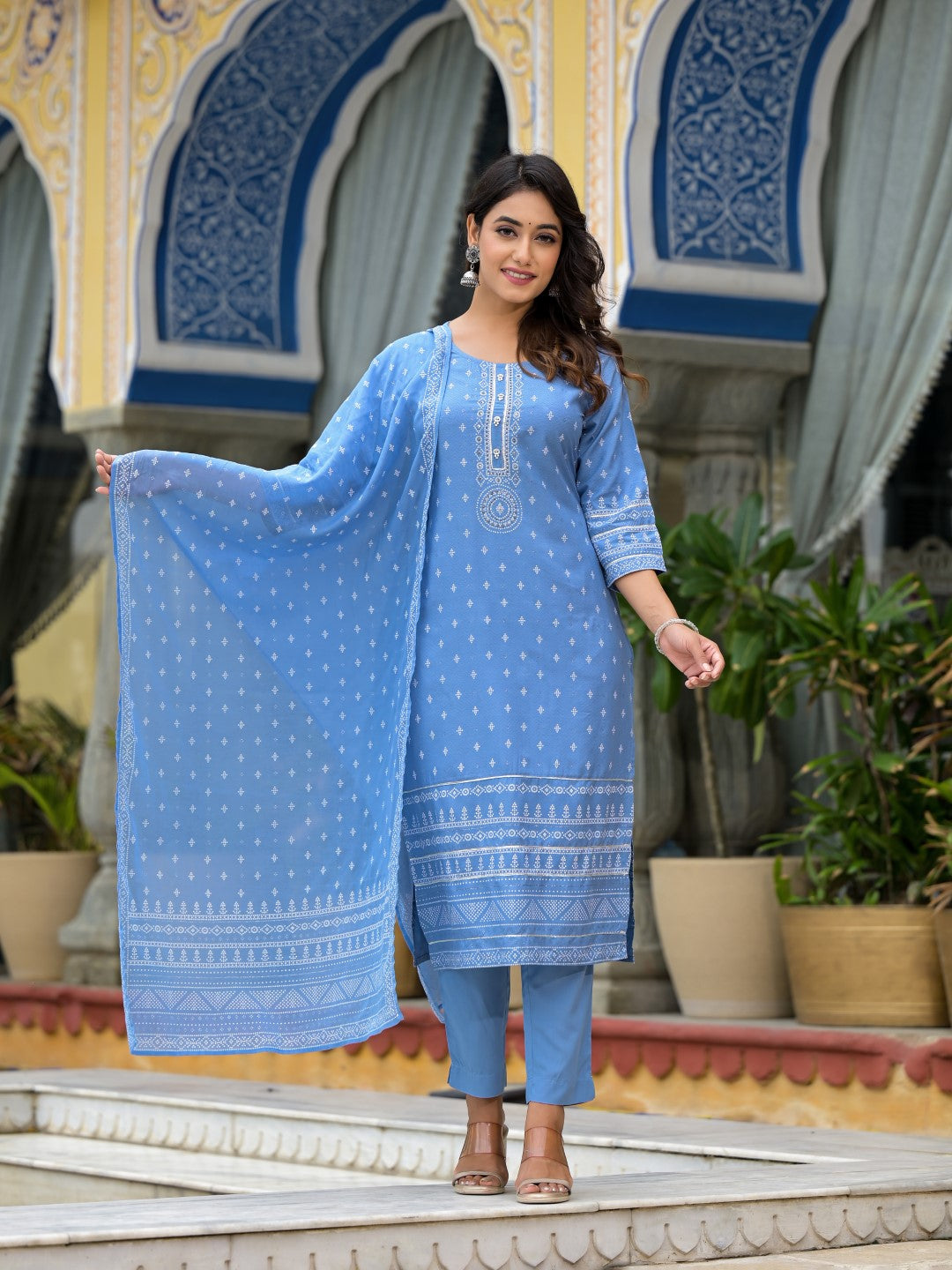 Juniper Women's Blue Ethnic Motif Printed Liva Rayon Kurta Pant And Dupatta Set With Beads Sequins & Lace - Distacart