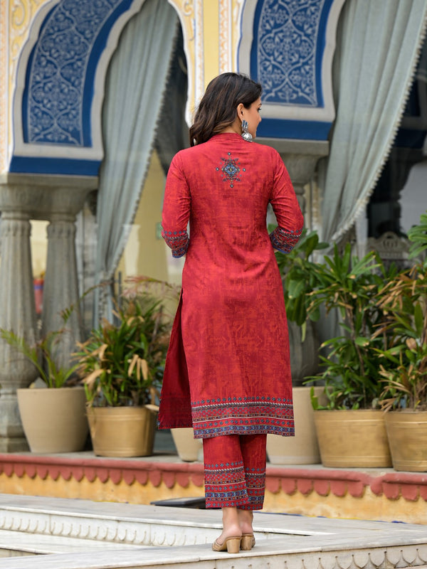 Juniper Women's Red Ethnic Motif Printed Liva Rayon Kurta Pant And Dupatta Set With Coins & Sequins - Distacart
