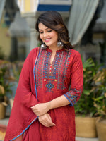 Thumbnail for Juniper Women's Red Ethnic Motif Printed Liva Rayon Kurta Pant And Dupatta Set With Coins & Sequins - Distacart