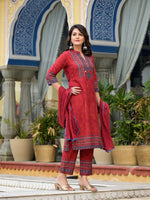 Thumbnail for Juniper Women's Red Ethnic Motif Printed Liva Rayon Kurta Pant And Dupatta Set With Coins & Sequins - Distacart