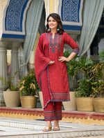Thumbnail for Juniper Women's Red Ethnic Motif Printed Liva Rayon Kurta Pant And Dupatta Set With Coins & Sequins - Distacart