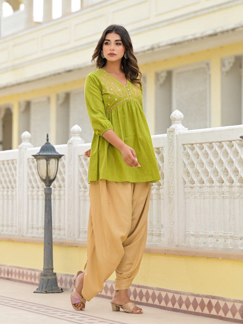 Juniper Women's Gold Ethnic Motif Printed Cotton Top And Pant Co-Ord Set With Zari Work - Distacart