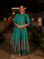 Thumbnail for Juniper Women's Sea Green Ethnic Motif Printed Slub Satin Kurta Pant And Chiffon Dupatta Set With Buttons & Lace - Distacart