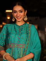 Thumbnail for Juniper Women's Sea Green Ethnic Motif Printed Slub Satin Kurta Pant And Chiffon Dupatta Set With Buttons & Lace - Distacart