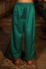 Thumbnail for Juniper Women's Sea Green Ethnic Motif Printed Slub Satin Kurta Pant And Chiffon Dupatta Set With Buttons & Lace - Distacart