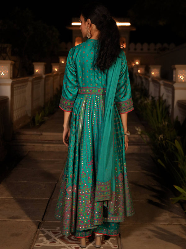 Juniper Women's Sea Green Ethnic Motif Printed Slub Satin Kurta Pant And Chiffon Dupatta Set With Buttons & Lace - Distacart