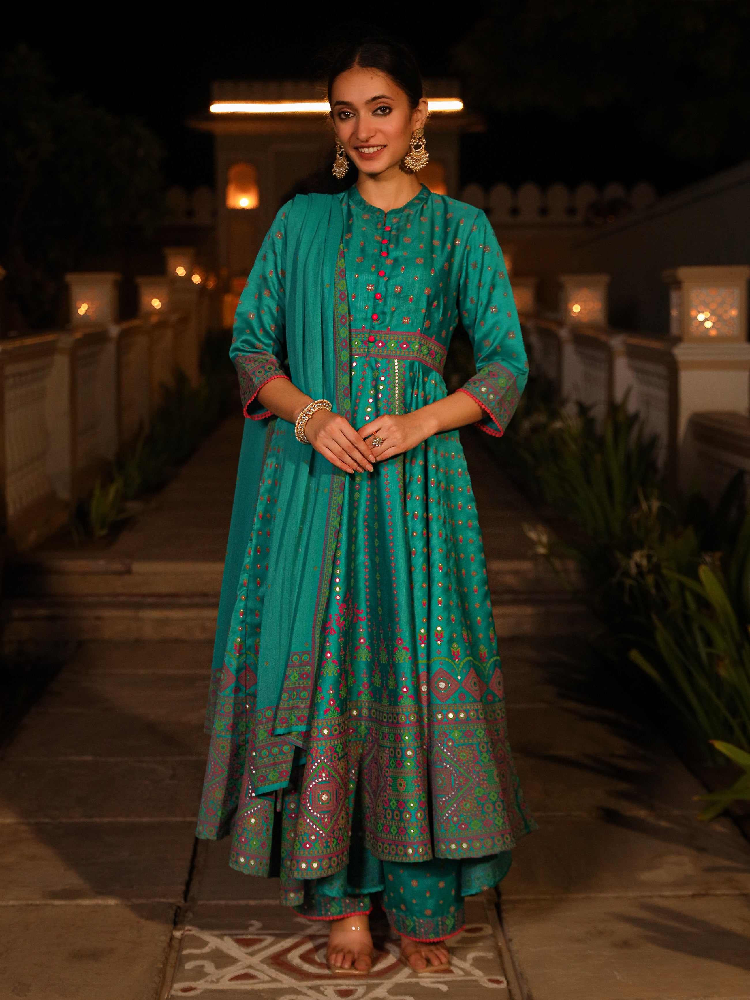 Juniper Women's Sea Green Ethnic Motif Printed Slub Satin Kurta Pant And Chiffon Dupatta Set With Buttons & Lace - Distacart