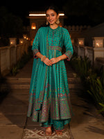 Thumbnail for Juniper Women's Sea Green Ethnic Motif Printed Slub Satin Kurta Pant And Chiffon Dupatta Set With Buttons & Lace - Distacart