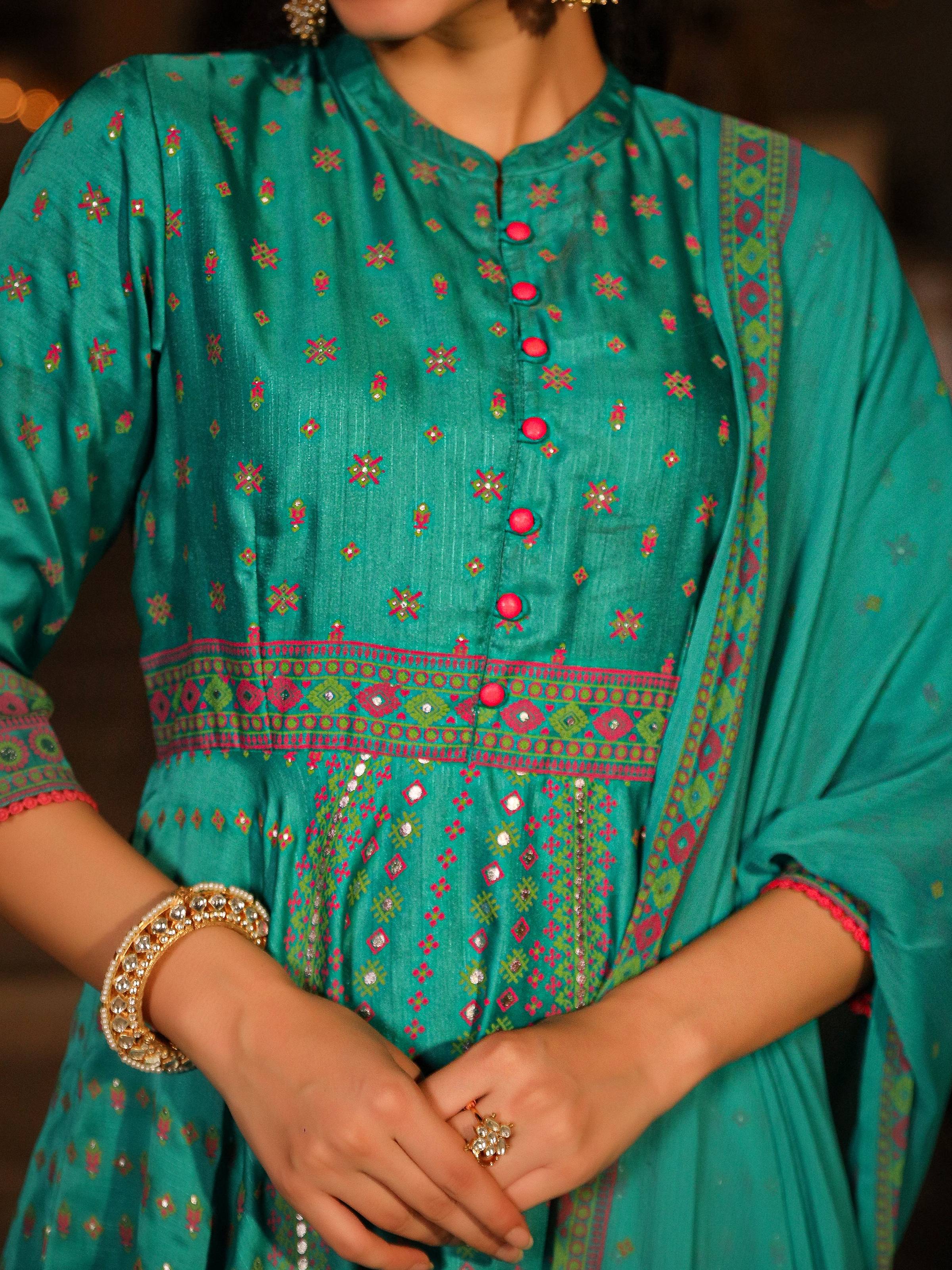 Juniper Women's Sea Green Ethnic Motif Printed Slub Satin Kurta Pant And Chiffon Dupatta Set With Buttons & Lace - Distacart