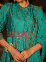 Thumbnail for Juniper Women's Sea Green Ethnic Motif Printed Slub Satin Kurta Pant And Chiffon Dupatta Set With Buttons & Lace - Distacart