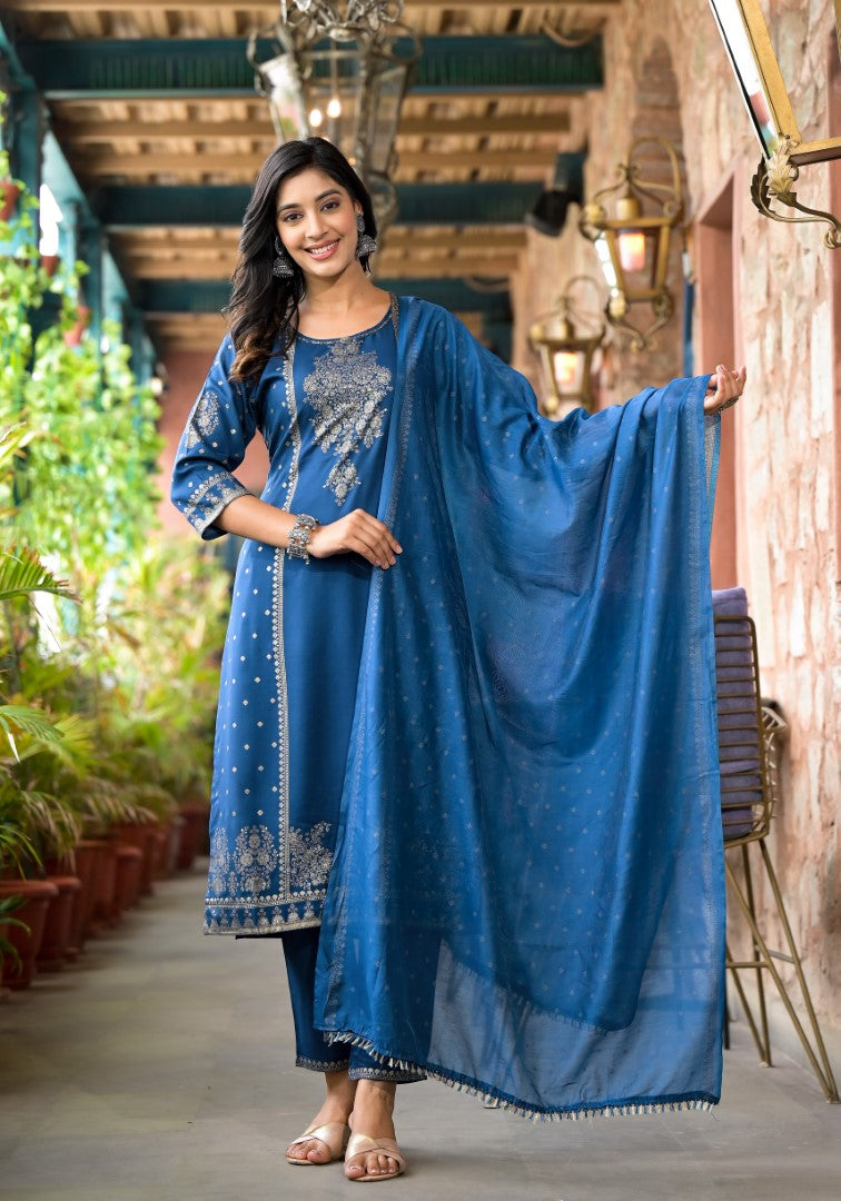 Juniper Women's Blue Ethnic Motif Printed Liva Rayon Kurta Pant And Dupatta Set With Sequins & Tassels - Distacart