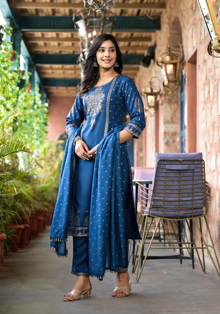 Juniper Women's Blue Ethnic Motif Printed Liva Rayon Kurta Pant And Dupatta Set With Sequins & Tassels - Distacart