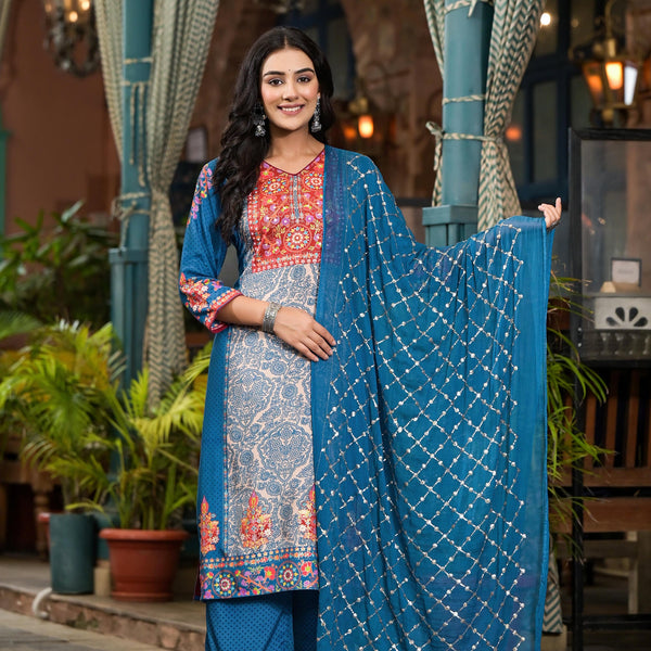 Juniper Women's Blue Viscose Rayon Printed Kurta Set - Distacart